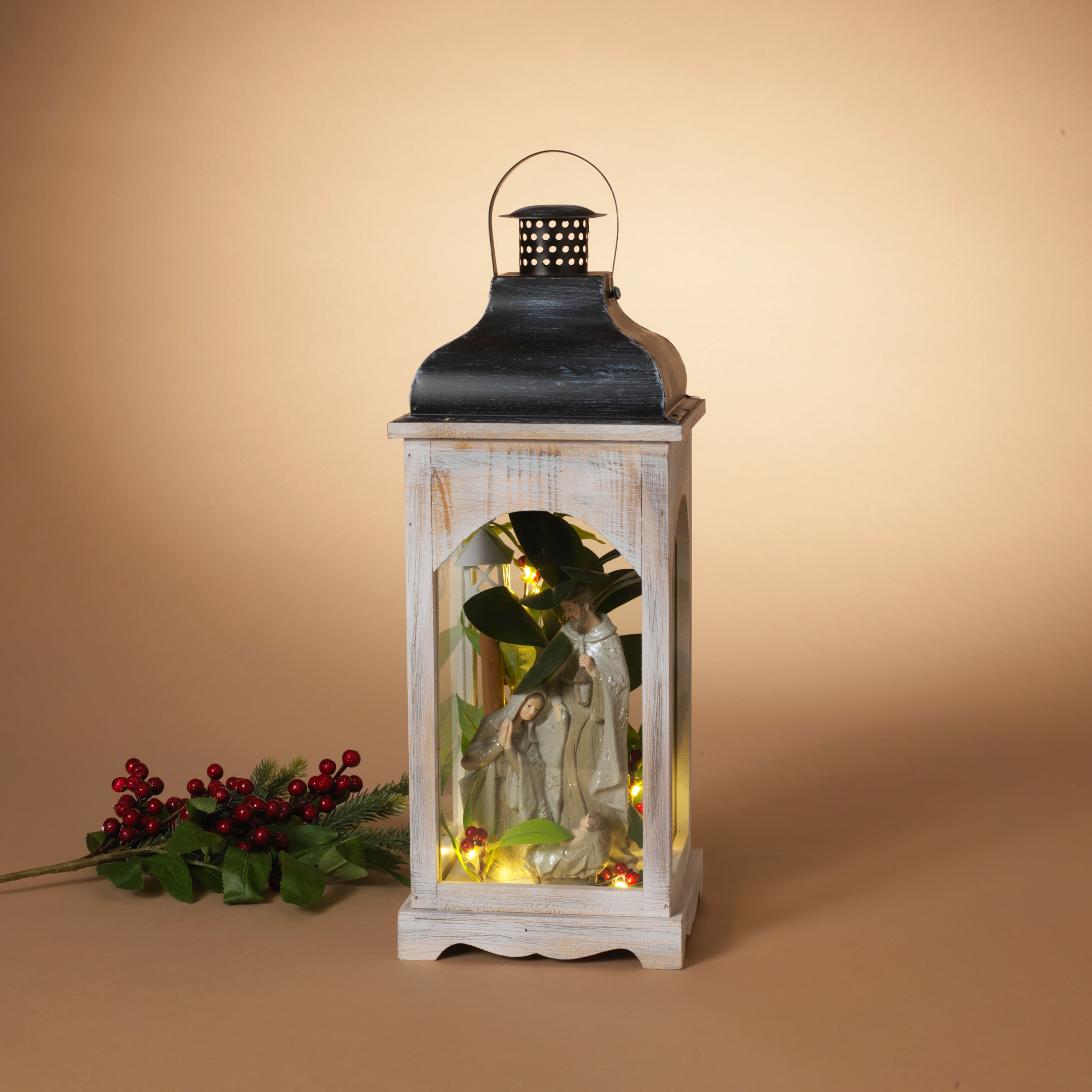 Luminous 18 in H Battery Operated Lighted Wood and Metal Nativity Scene Lantern – Holiday Accent Lantern 2649120EC
